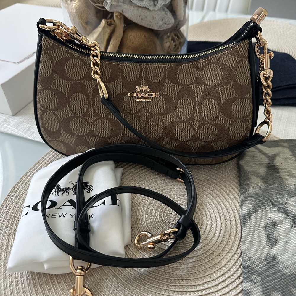 Coach Teri SmallSignature Canvas Shoulder Bag with Black Leather & Gold Hardware